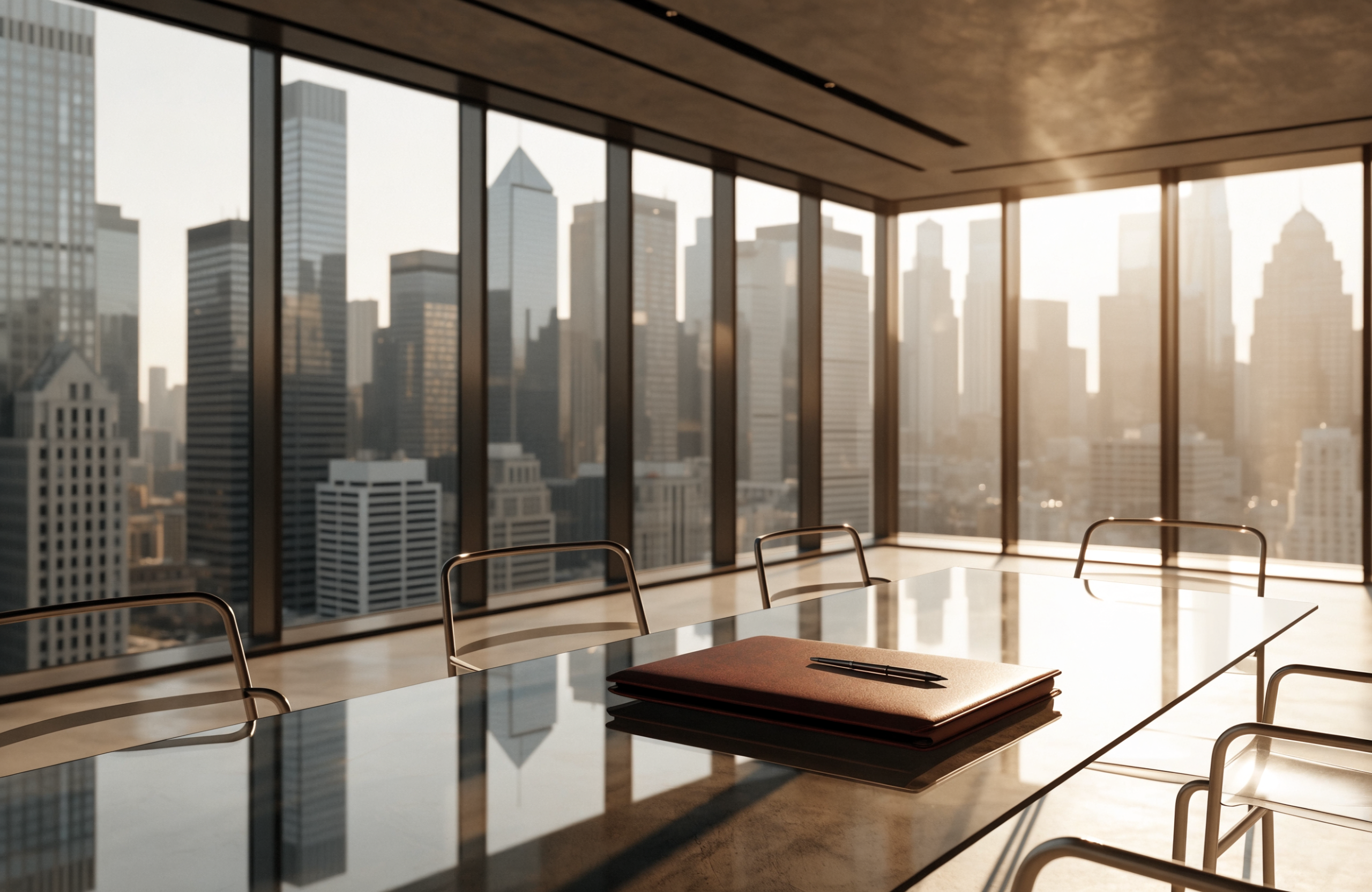 Illustrative image of a modern CBD office meeting table with a leather portfolio