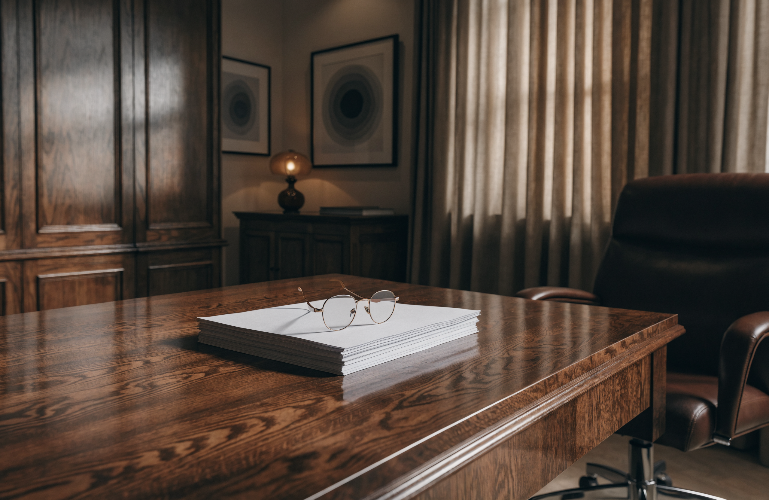 Illustrative image of an elegant office desk with documents and reading glasses