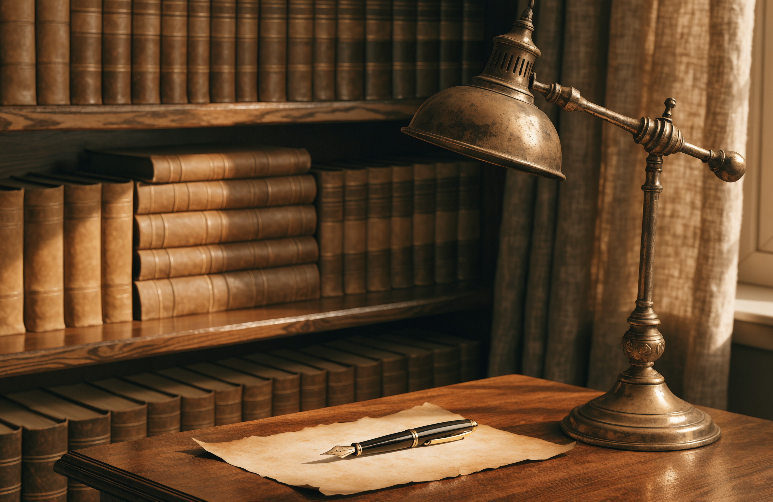 Illustrative image of a traditional law office with bookshelf and vintage desk lamp