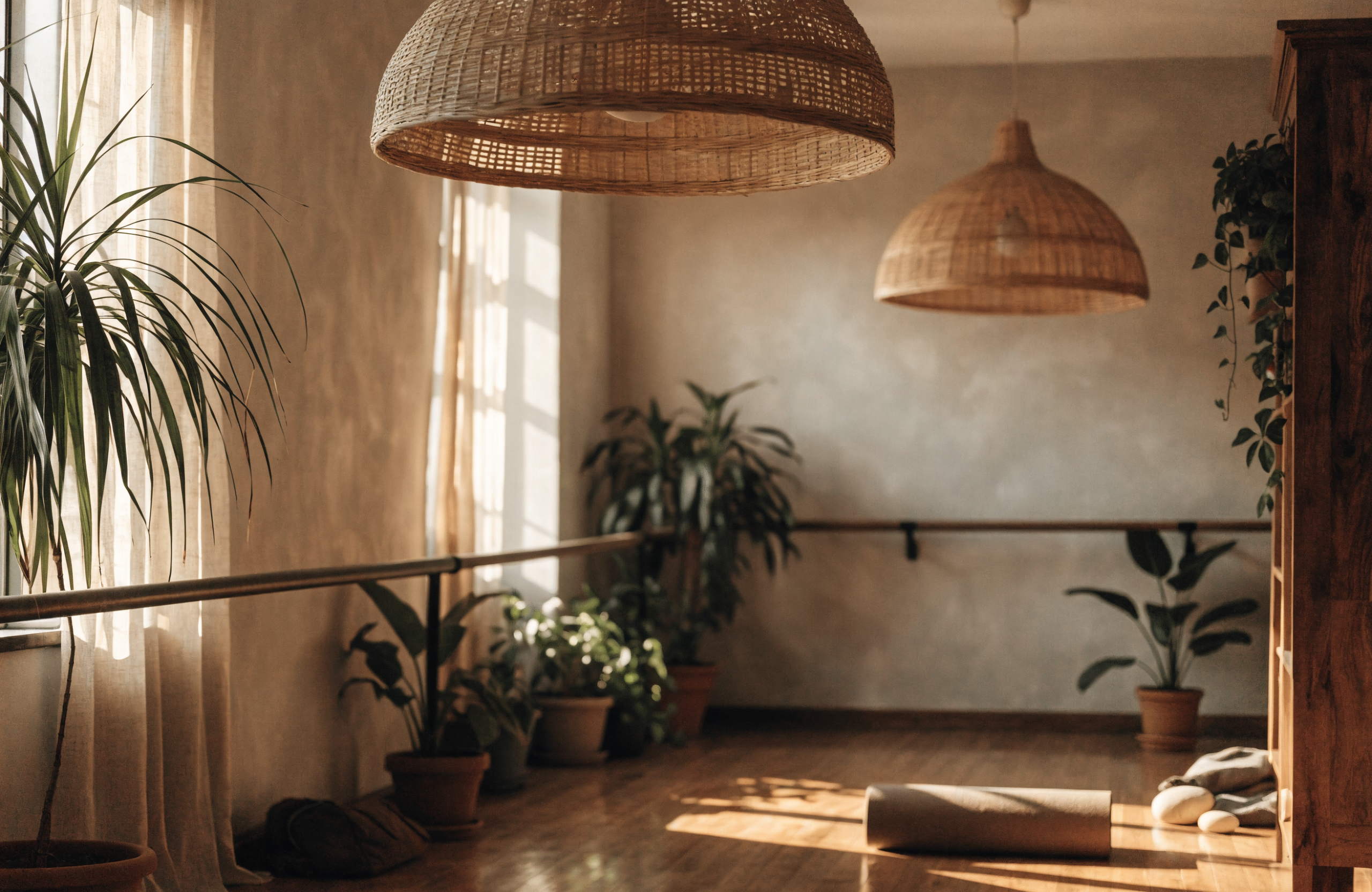 Illustrative image of a warm boho-style yoga and barre studio