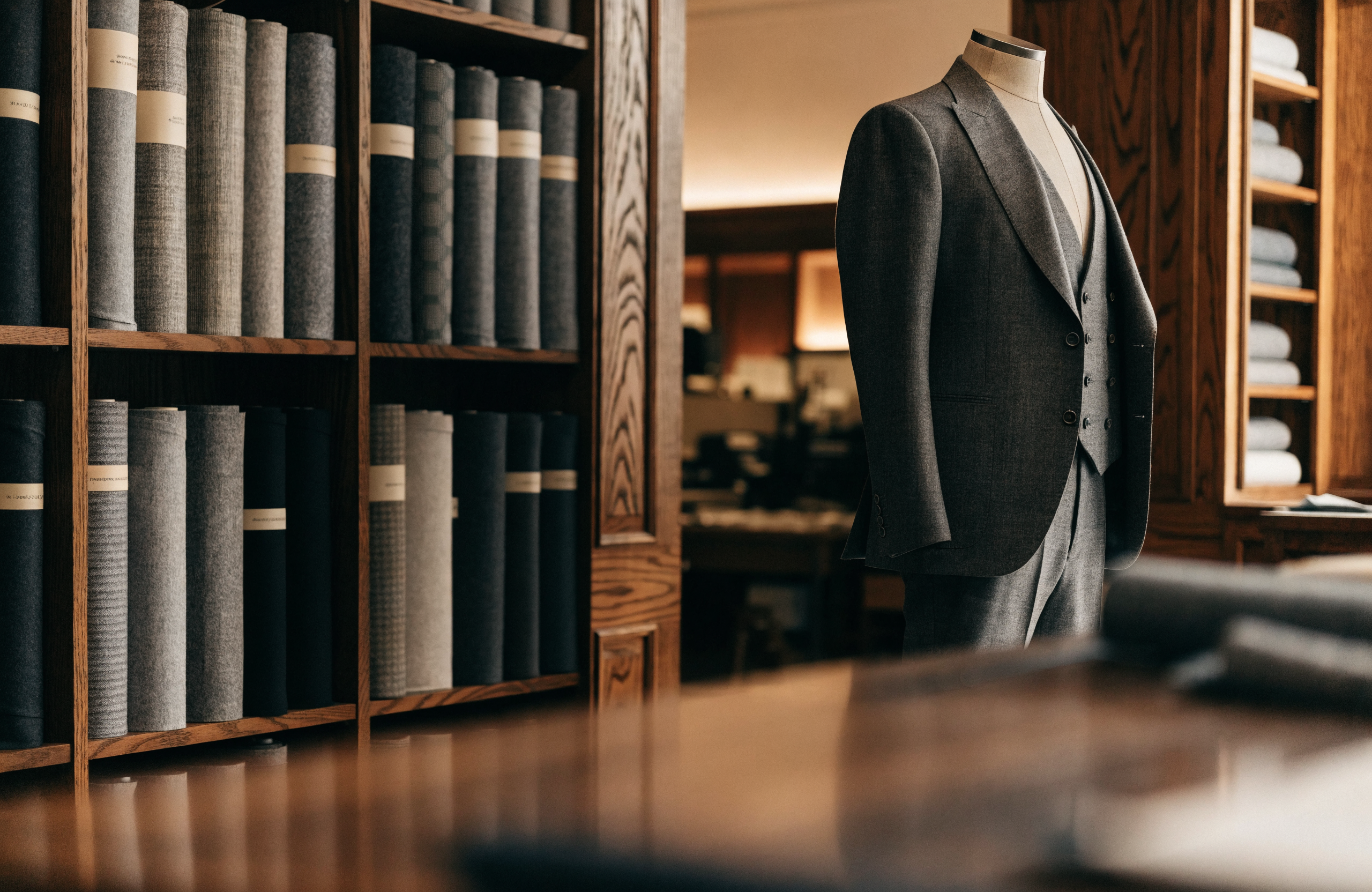 Illustrative image of a menswear tailoring atelier with a three-piece suit on a mannequin
