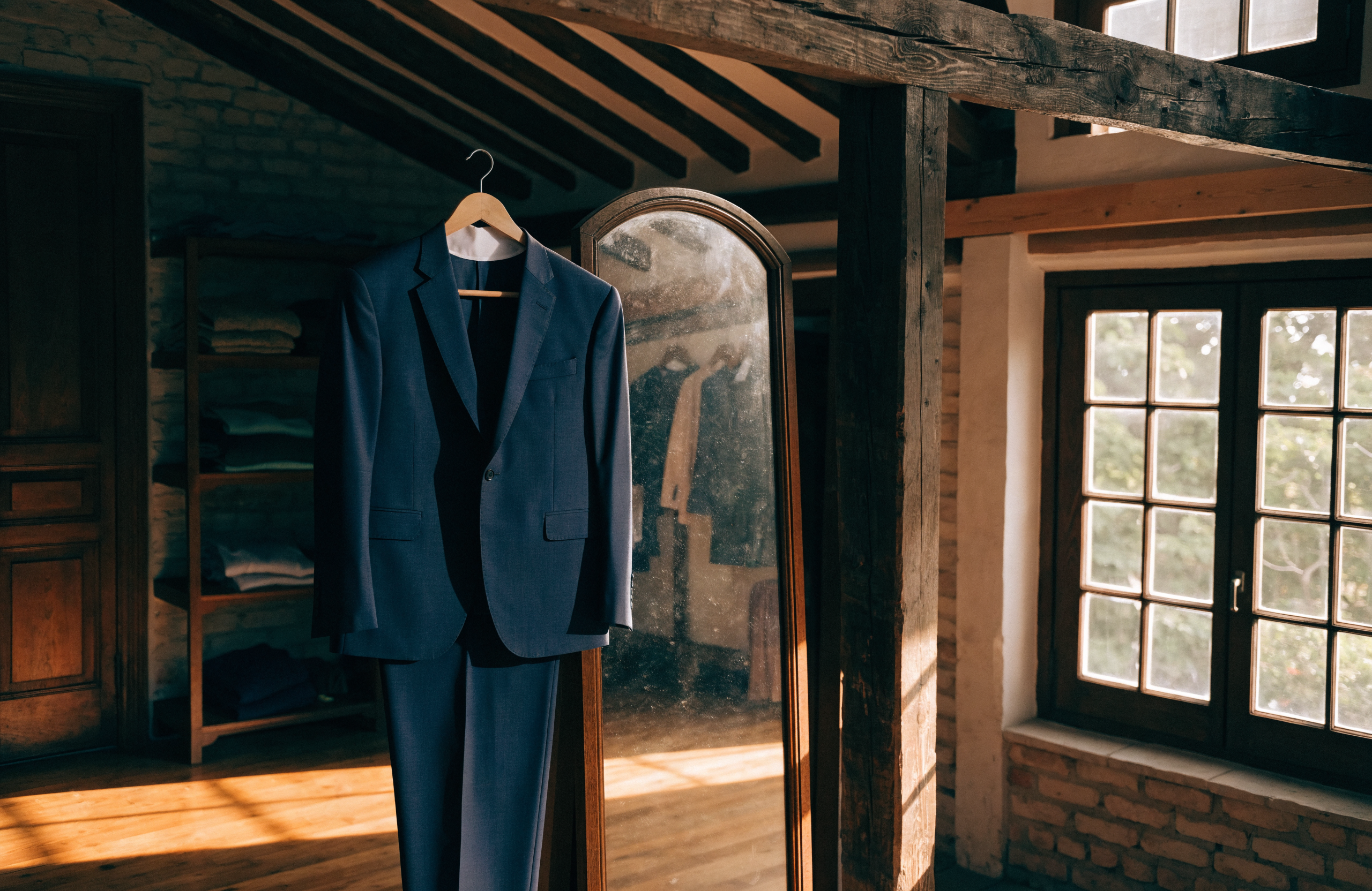 Illustrative image of a boutique tailoring shophouse with a navy wedding suit beside a mirror
