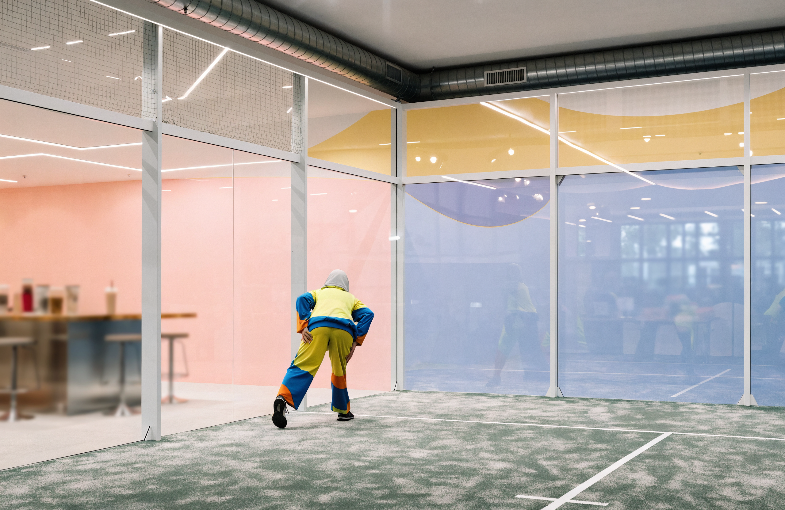 Illustrative bright boutique indoor padel court, representing Pop Padel in Singapore