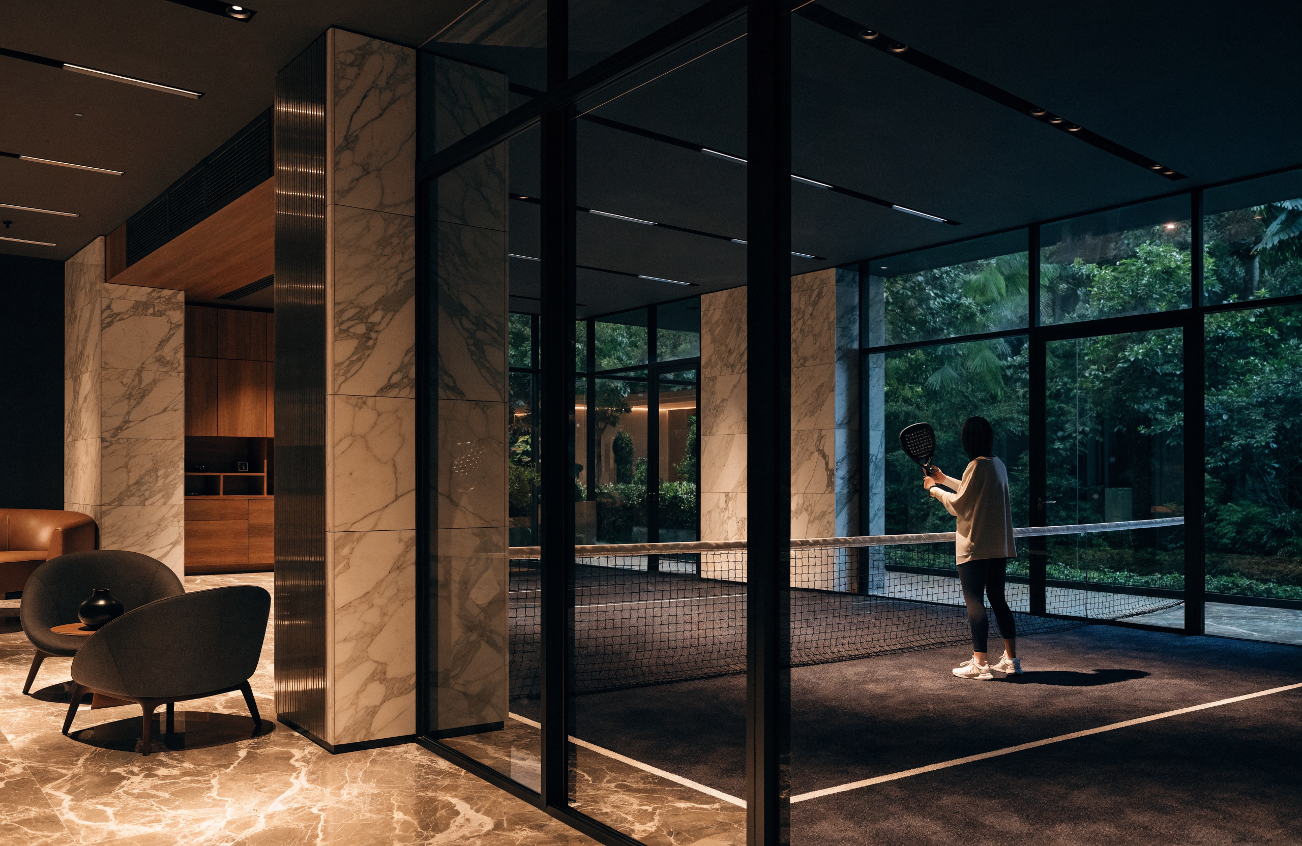 Illustrative marble and timber private members' club padel court, representing METT Singapore
