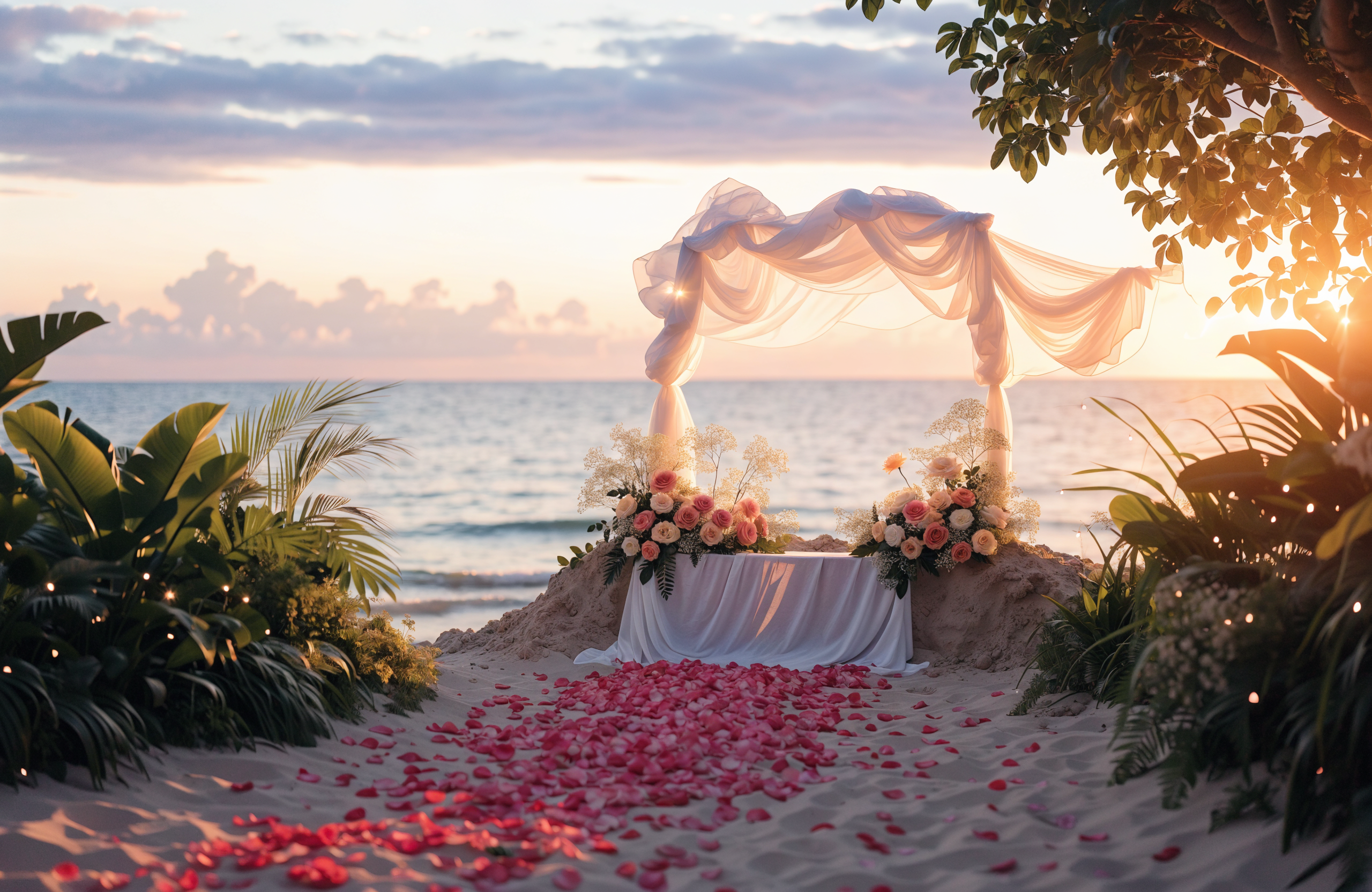 Illustrative destination beach proposal setup at sunset