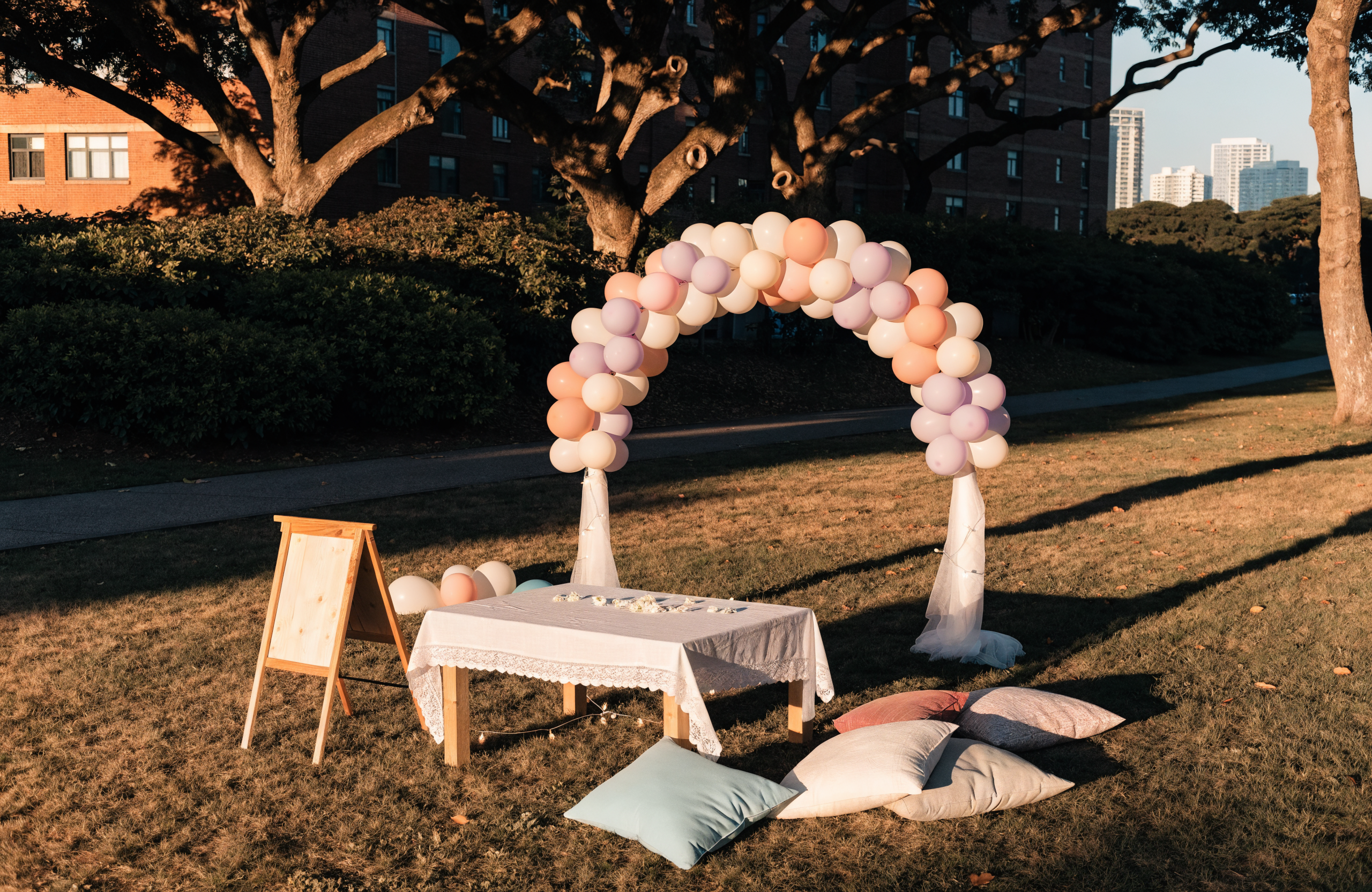 Illustrative budget-friendly DIY proposal picnic setup in a park