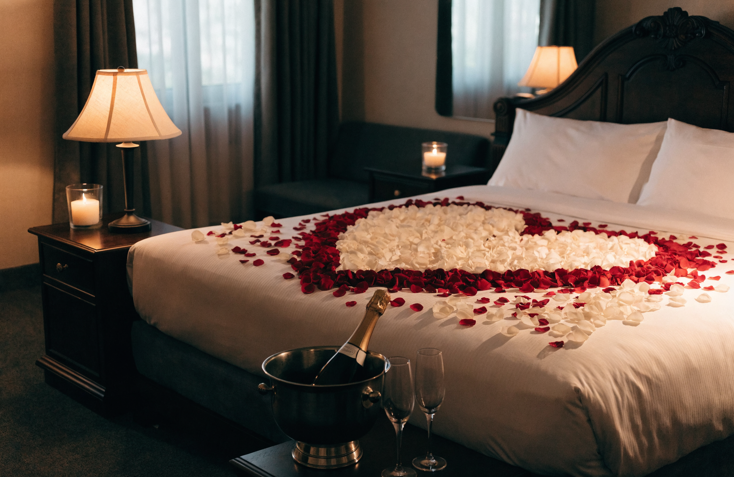 Illustrative luxury hotel room proposal setup with rose petals and candles