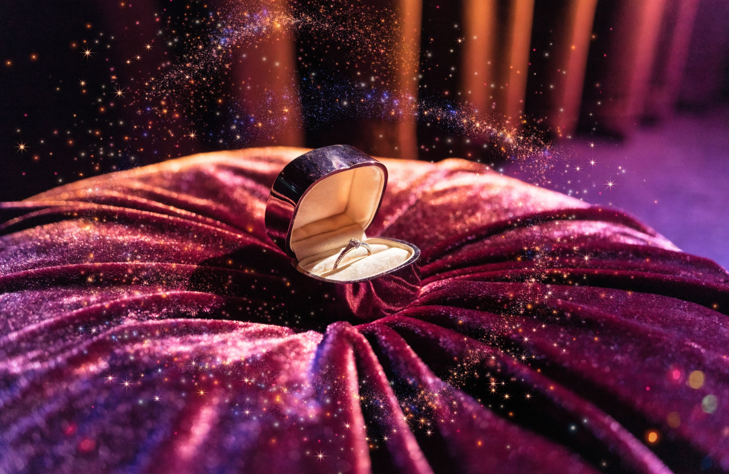 Illustrative whimsical stage-lit proposal moment with magic sparkle effects