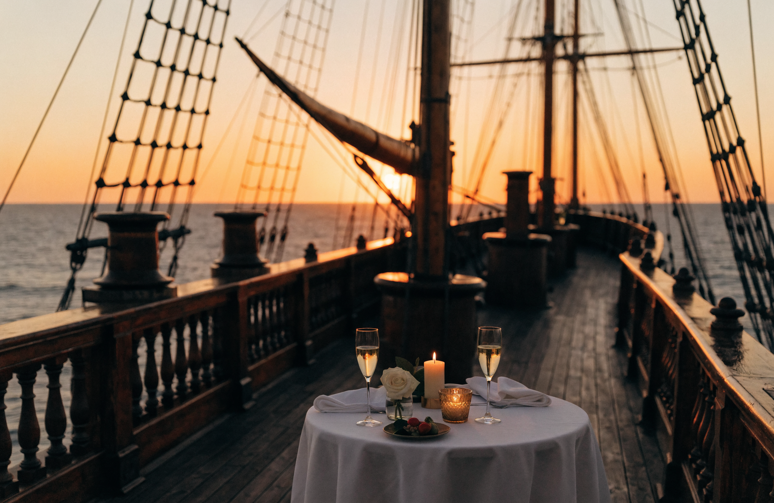 Illustrative luxury tall ship deck set for a sunset dinner proposal