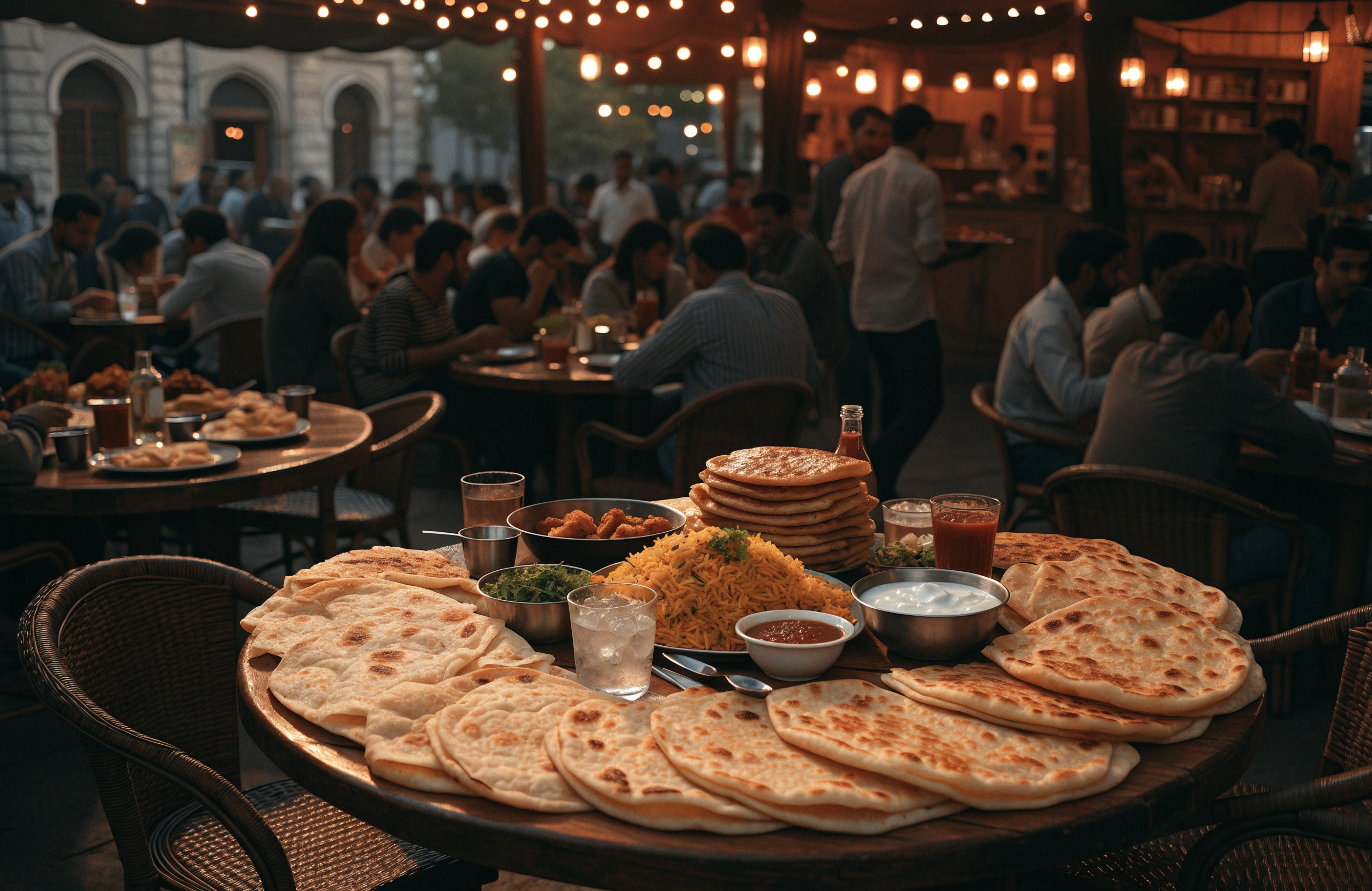 Illustrative image of prata, briyani and murtabak spread at a restaurant table