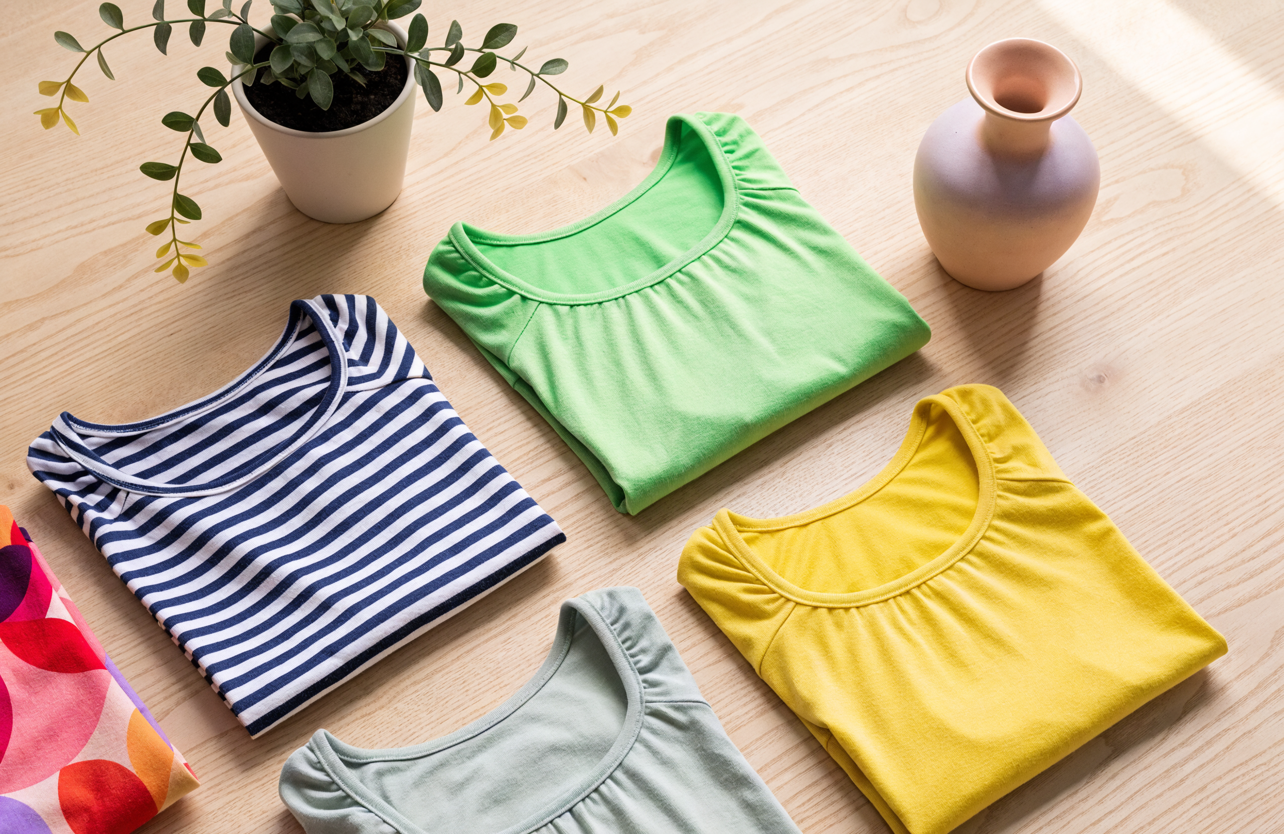 Illustrative flat lay of colourful nursing-friendly tops