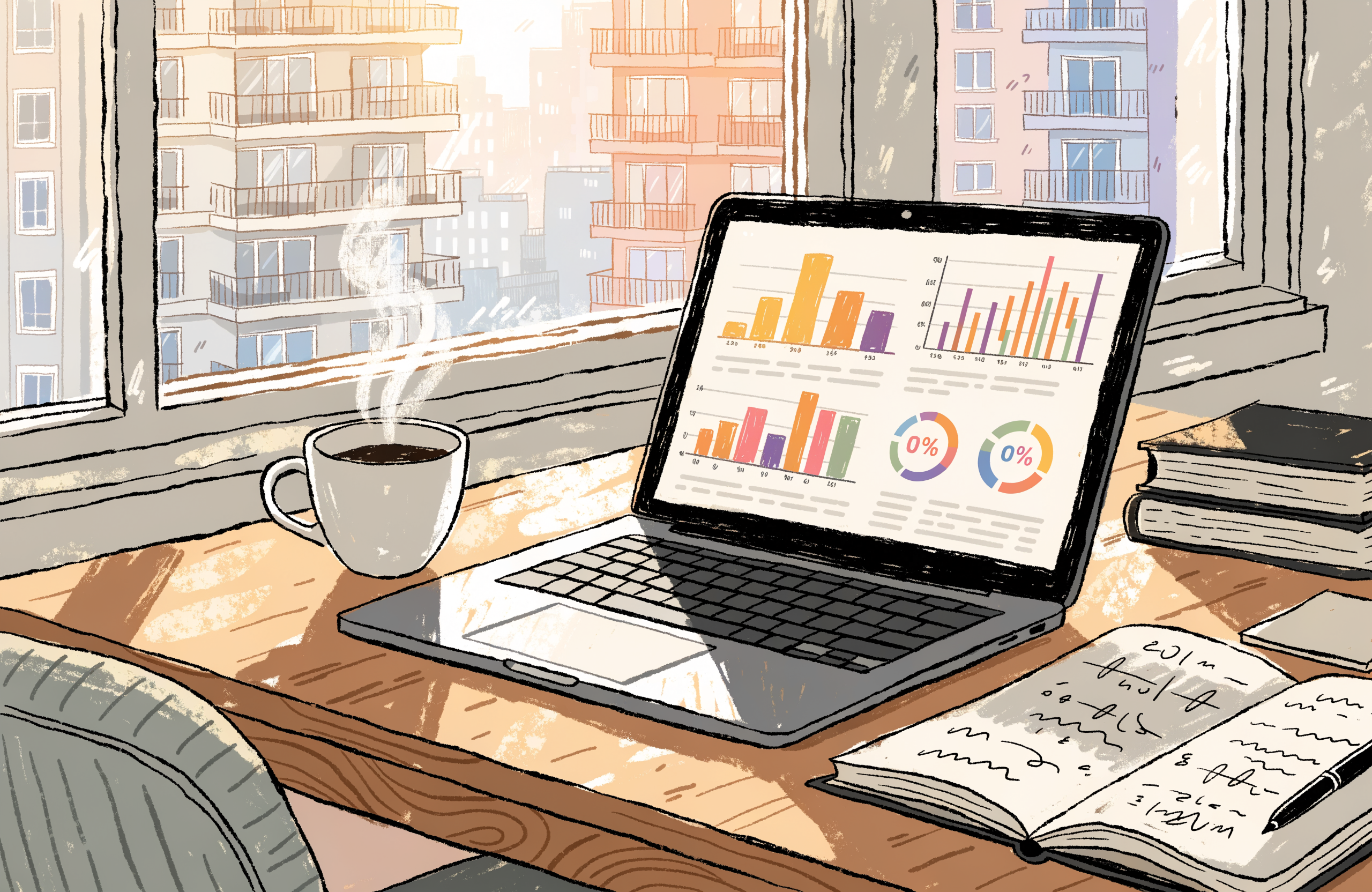 Illustrative image of a home desk with mortgage rate comparison charts