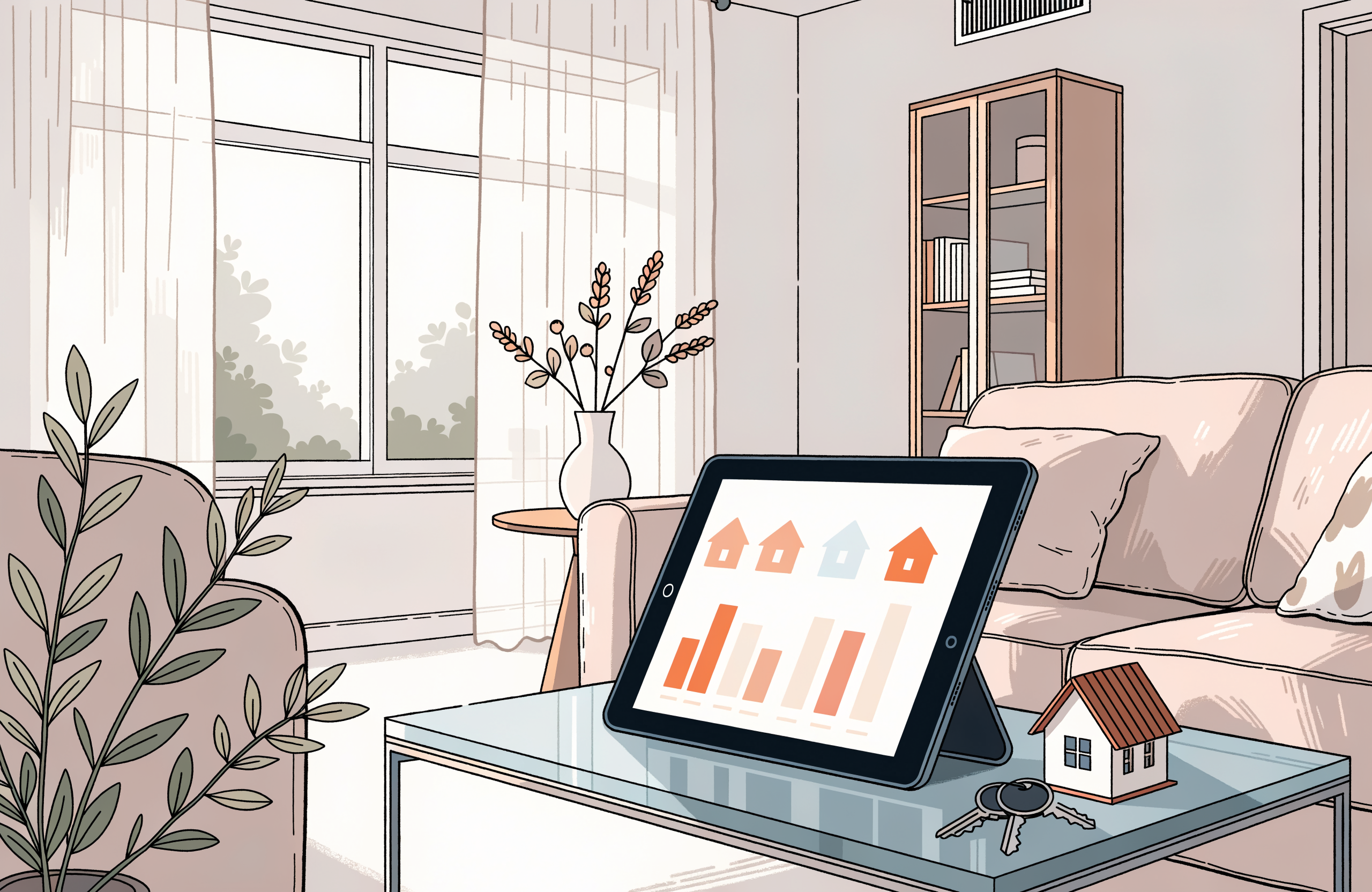 Illustrative image of a home living room with a loan comparison tablet