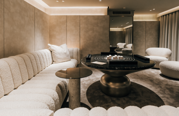 Illustrative image of a chic private lounge room with a mahjong table, representing Cosmo Place mahjong experiences in Singapore
