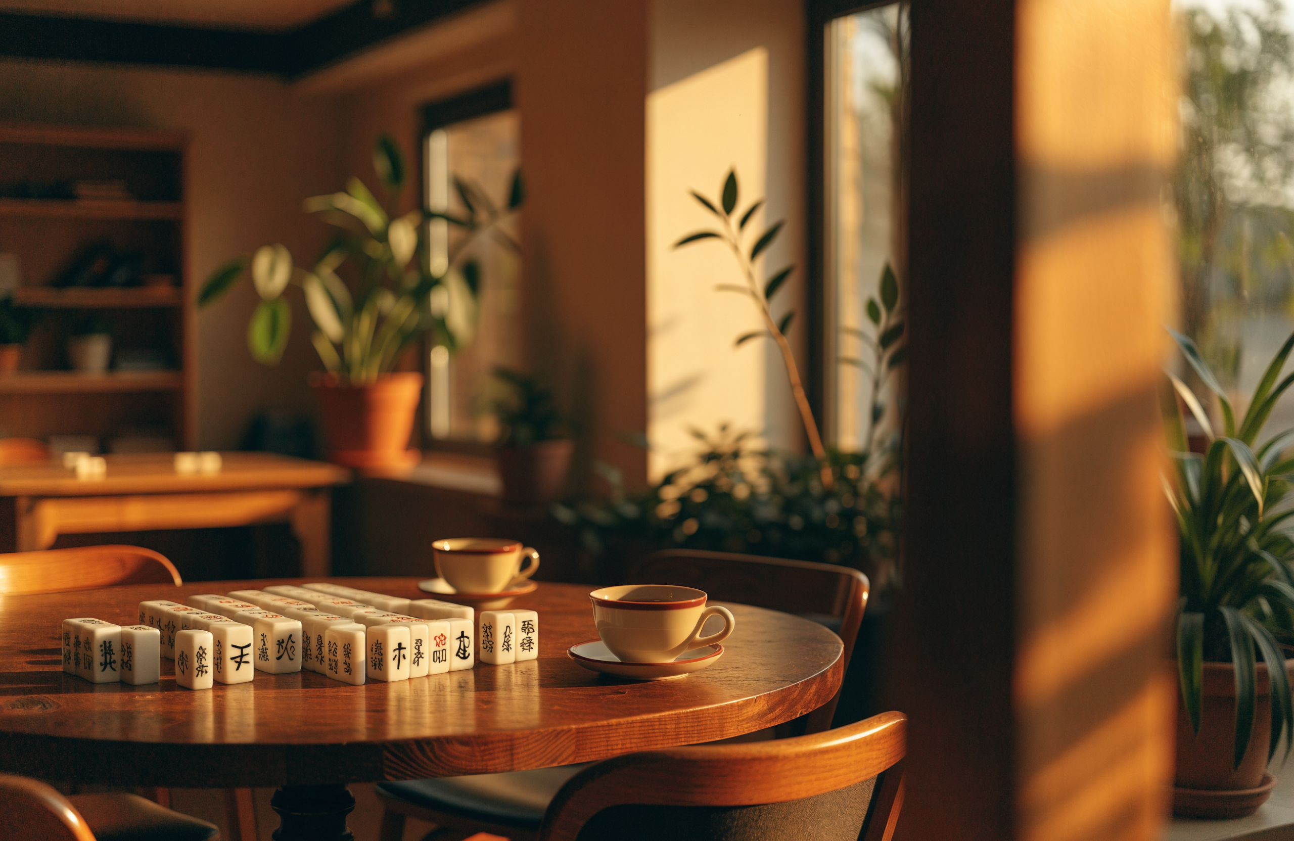 Illustrative image of a warm homely classroom setting with mahjong tiles, representing Mahjong Lah mahjong experiences in Singapore