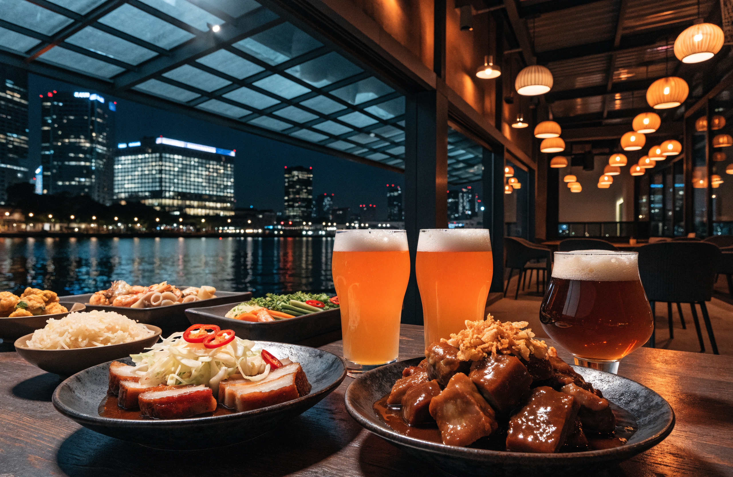 Illustrative image of a modern Singapore riverside tze char restaurant and craft beer bar