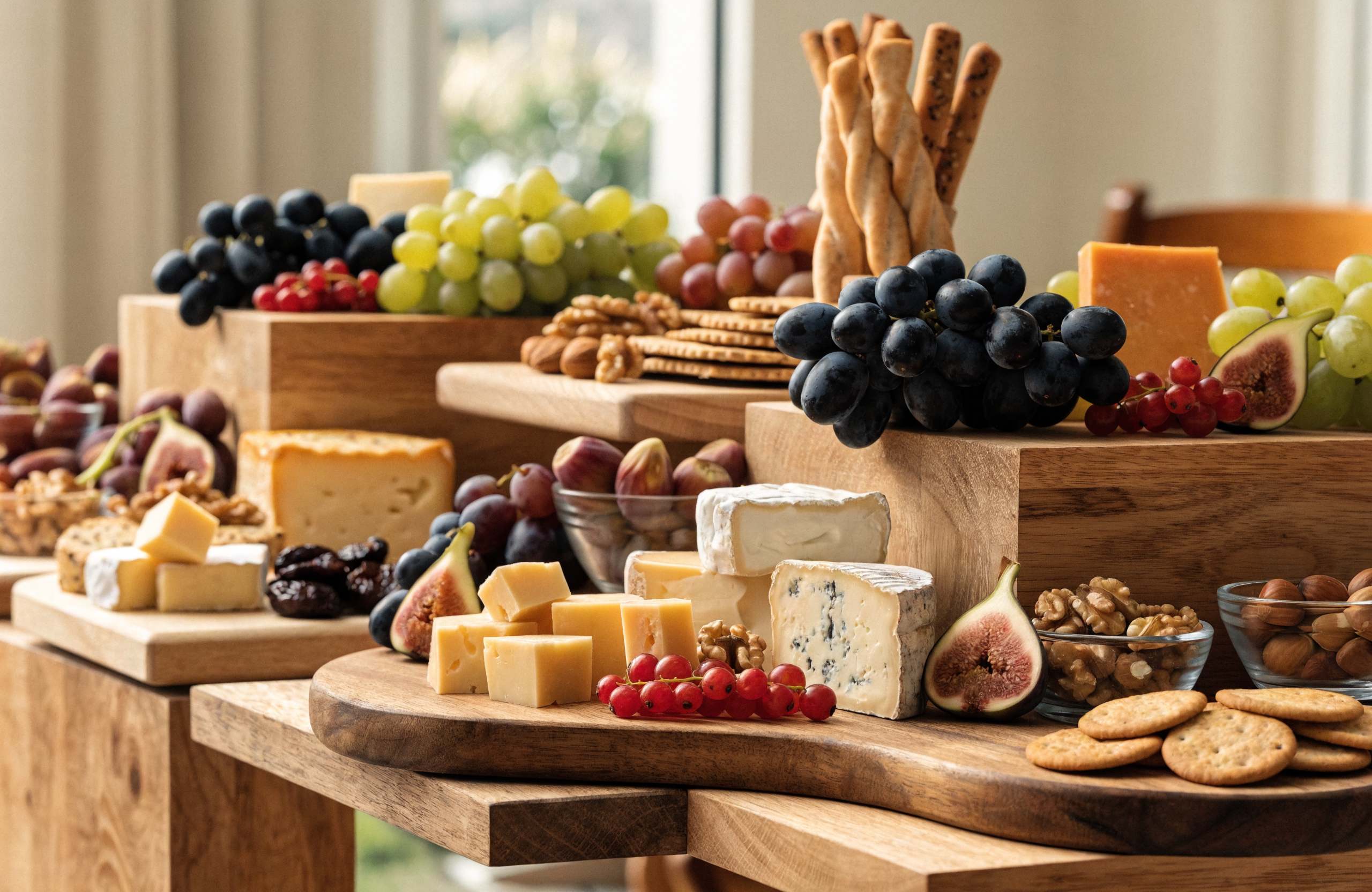 Illustrative tiered grazing table with cheese, fruit, nuts and crackers