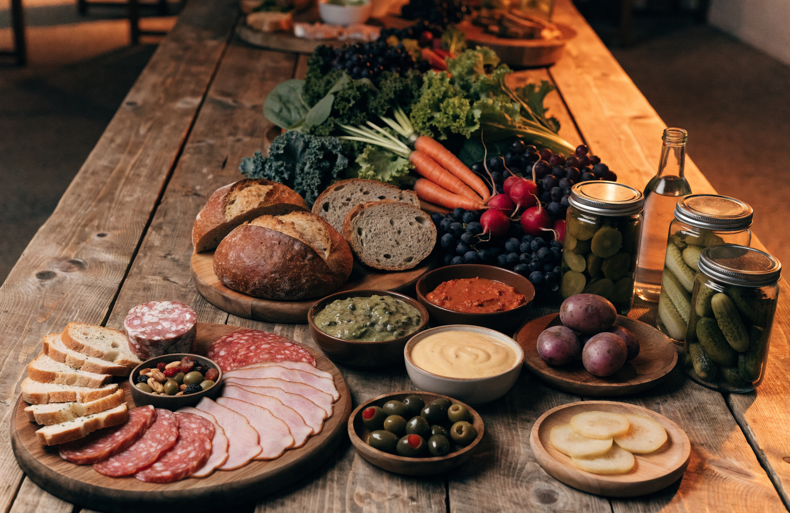 Illustrative rustic wooden grazing table with charcuterie, bread and dips