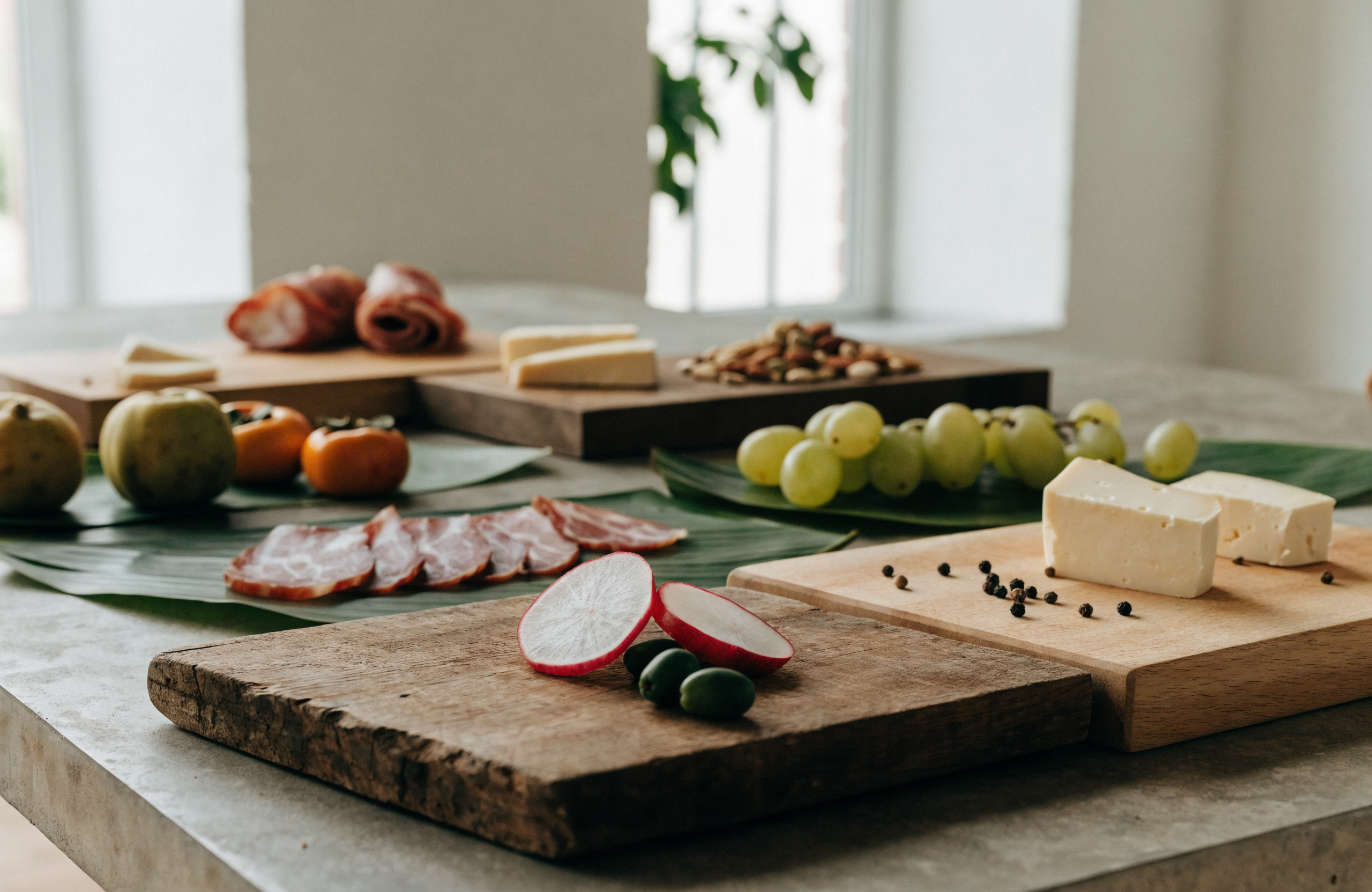 Illustrative eco-friendly grazing table with fruit, cured meats and cheese