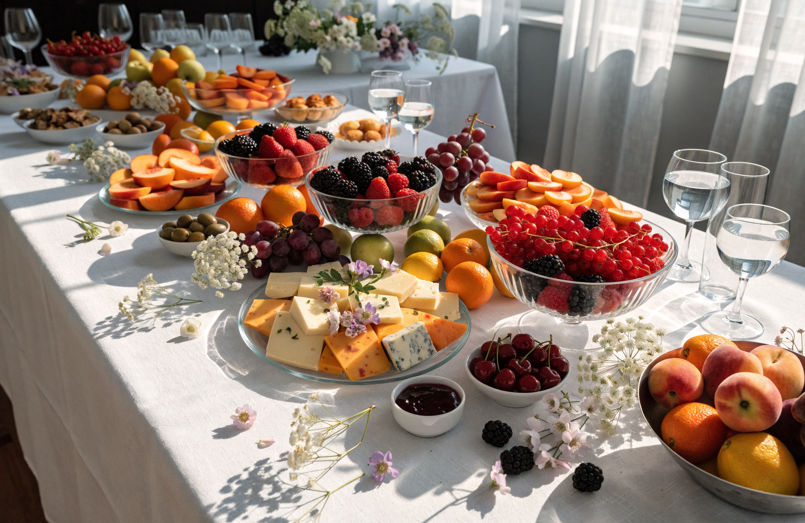 Illustrative vibrant fruit and cheese grazing table with floral accents
