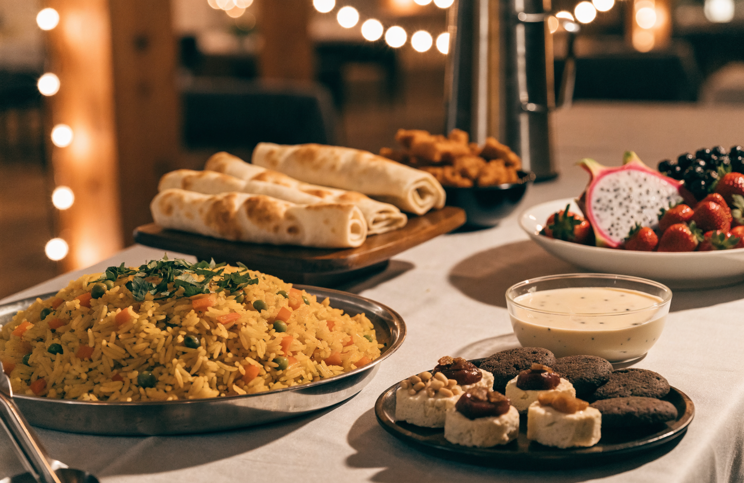 Illustrative halal festive food spread with rice dishes and flatbreads